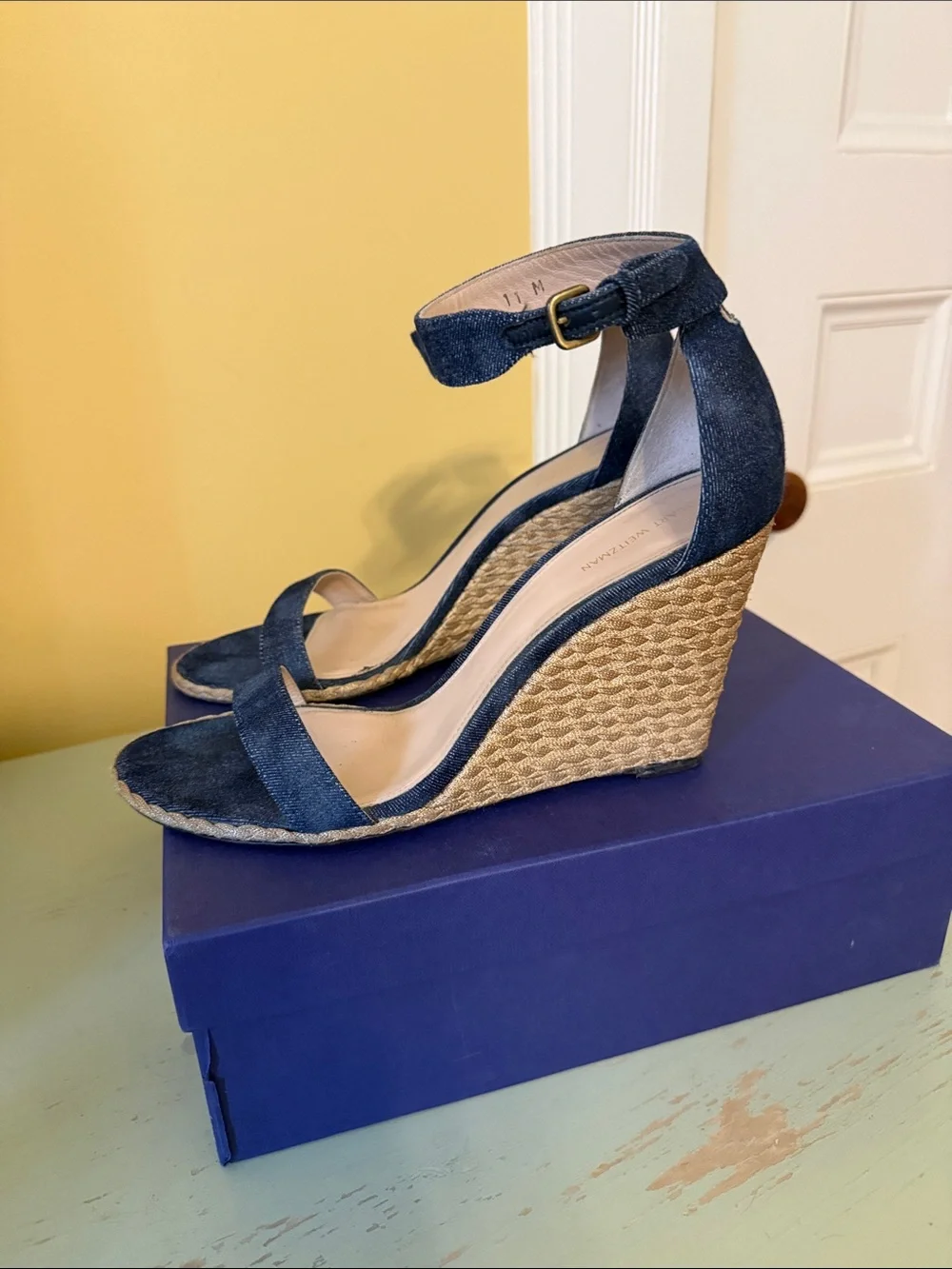 Stuart Weitzman Back up Wedge Navy Antique Denim Ankle Strap Heel - Picture 3 of 6